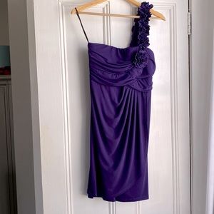 Purple one shoulder formal dress.